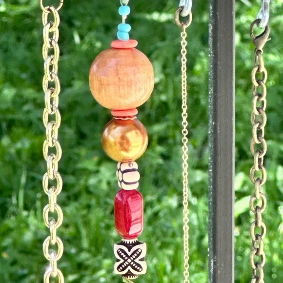 Handcrafted Amber Glass Bottle Wind Chime with Colorful Beads - Picture 4 of 9
